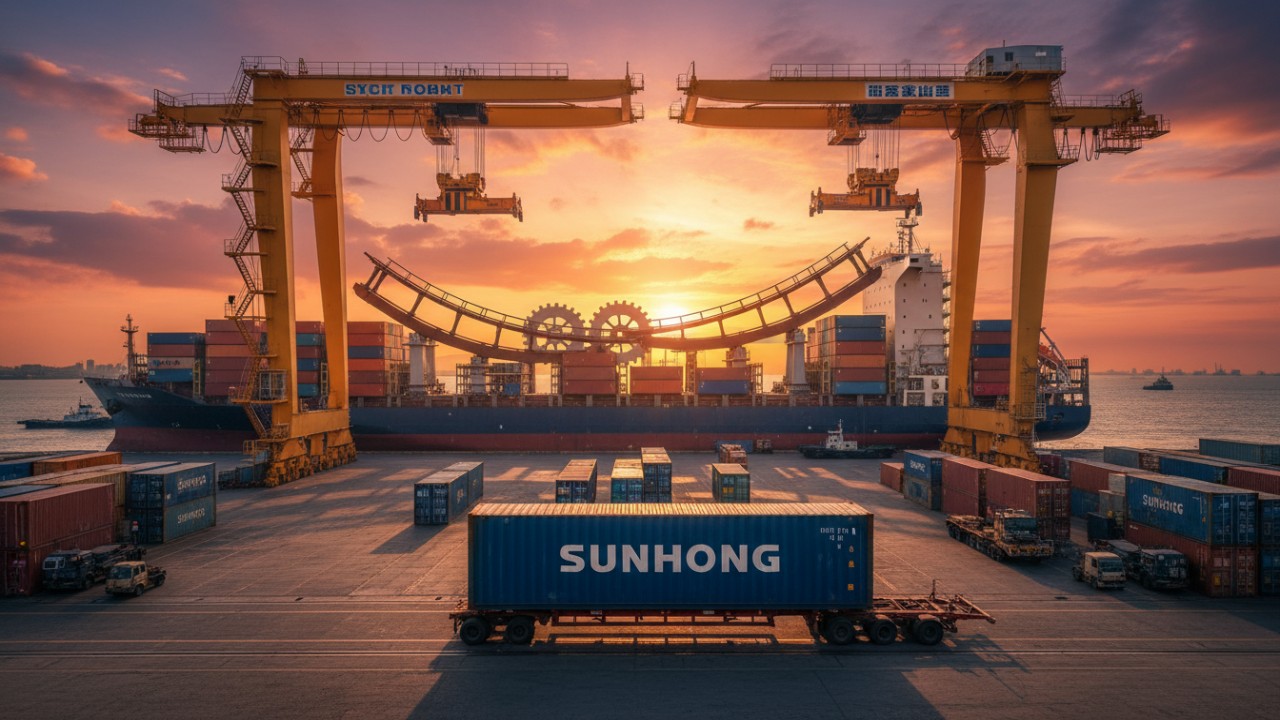 A massive cargo ship at a port loaded with ride components, featuring a shipping container with the SUNHONG logo.