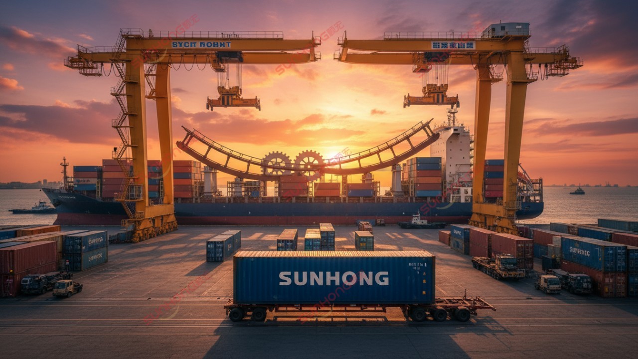 A massive cargo ship at a port loaded with ride components, featuring a shipping container with the SUNHONG logo.