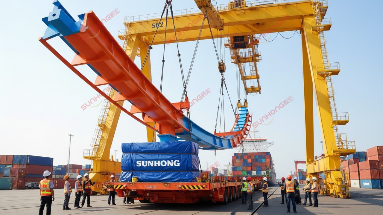 A massive roller coaster component branded with the SUNHONG logo being loaded onto a flat rack container at a busy shipping port.