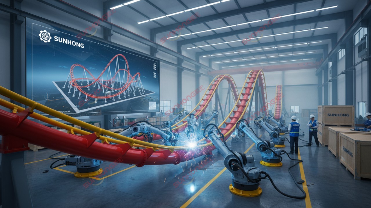A modern factory floor showing the precision manufacturing of steel amusement park ride components with the SUNHONG brand displayed on a monitor.