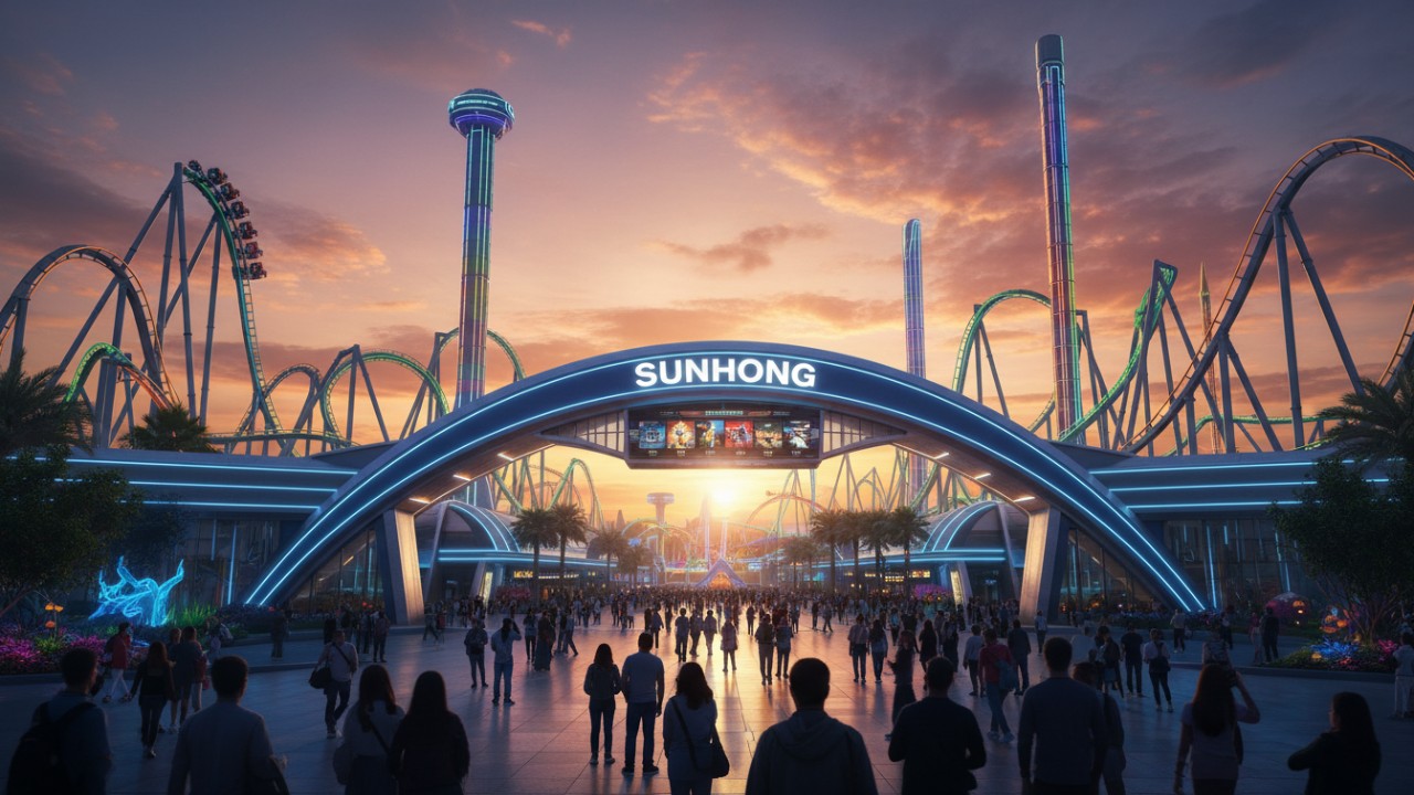 A panoramic view of a futuristic amusement park at sunset with a large SUNHONG sign at the entrance.