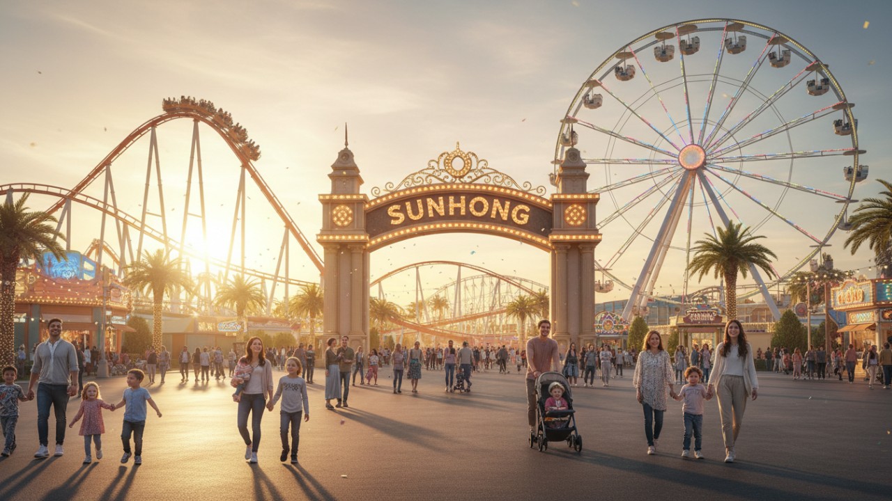 A panoramic view of a thriving amusement park at sunset with the SUNHONG brand name illuminated on the entrance archway.