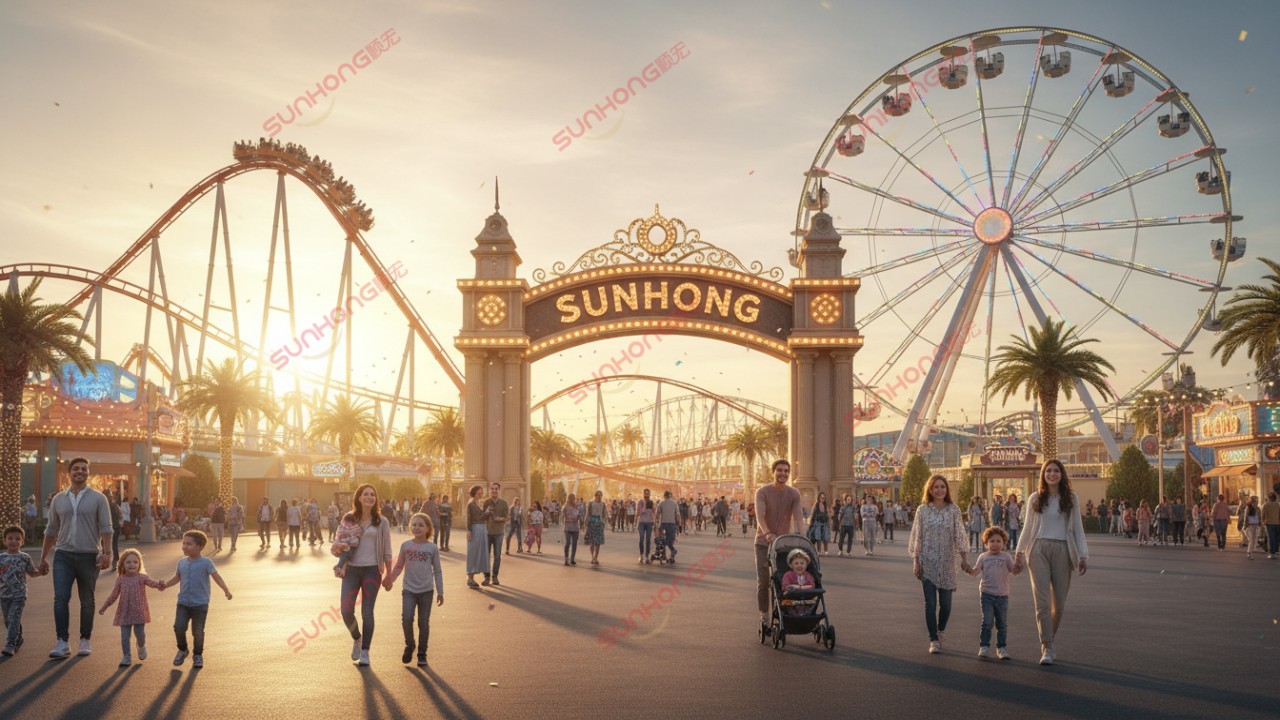 A panoramic view of a thriving amusement park at sunset with the SUNHONG brand name illuminated on the entrance archway.