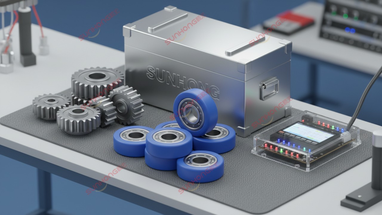 A professional 3D isometric display of amusement ride components like wheels and gears with the SUNHONG brand name visible on a metal crate.