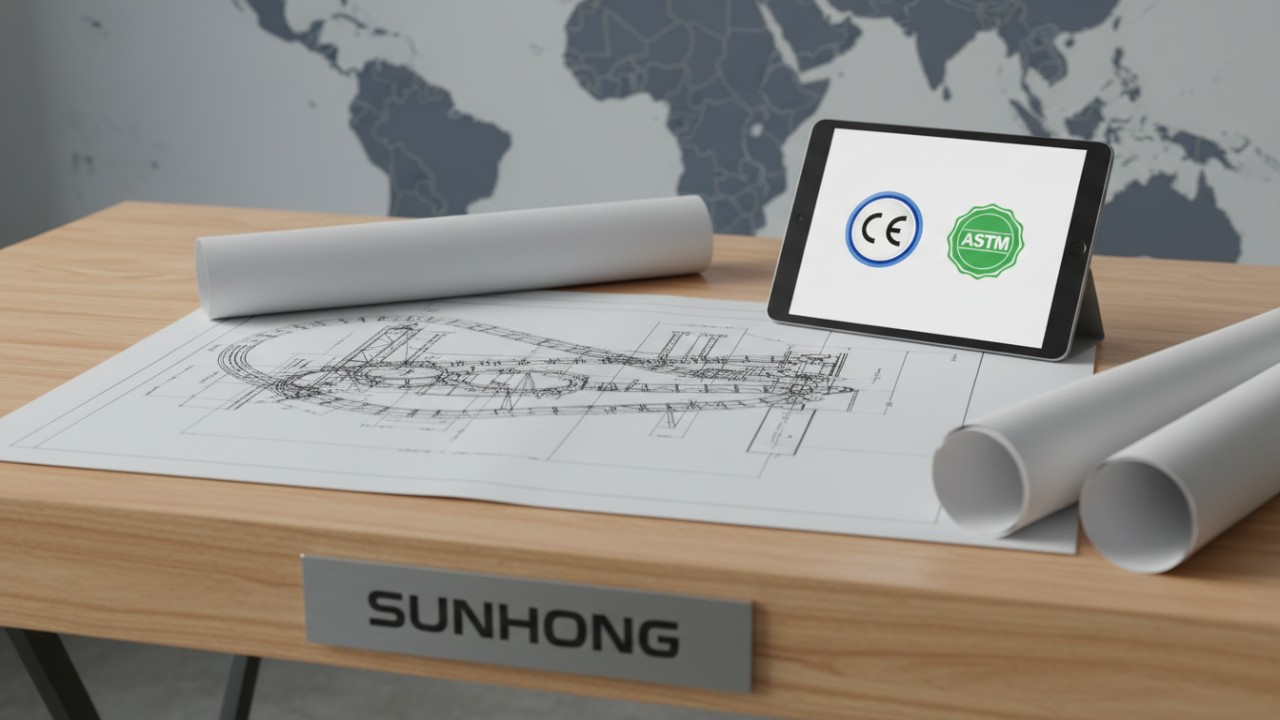A professional desk setup featuring technical ride blueprints, safety certifications, and a Sunhong nameplate.