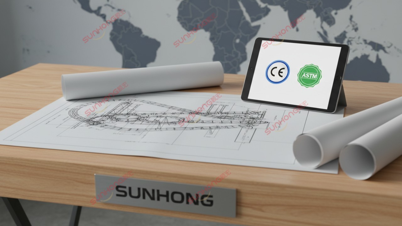 A professional desk setup featuring technical ride blueprints, safety certifications, and a Sunhong nameplate.