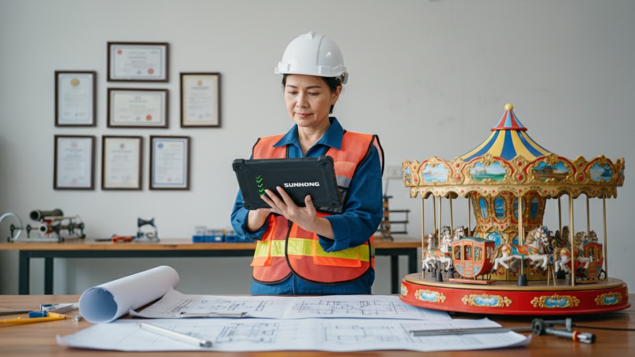 A professional engineer inspecting a ride model and holding a tablet with the SUNHONG logo on the case.