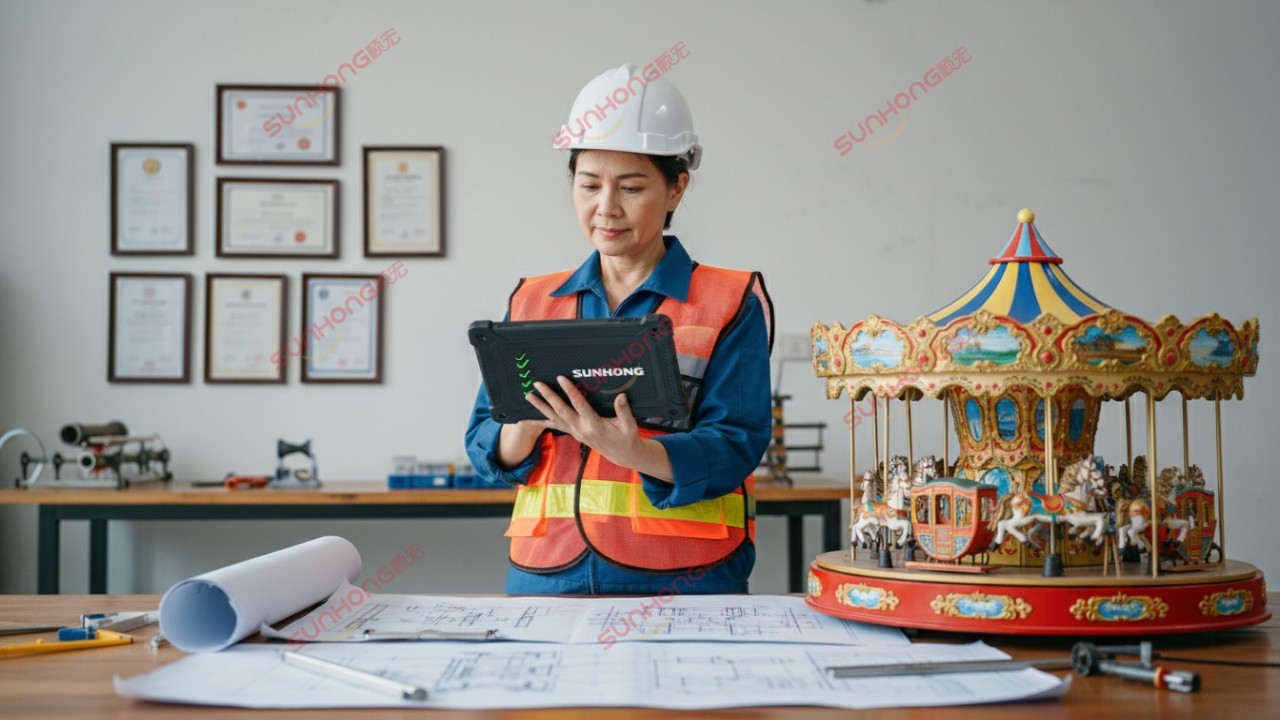A professional engineer inspecting a ride model and holding a tablet with the SUNHONG logo on the case.