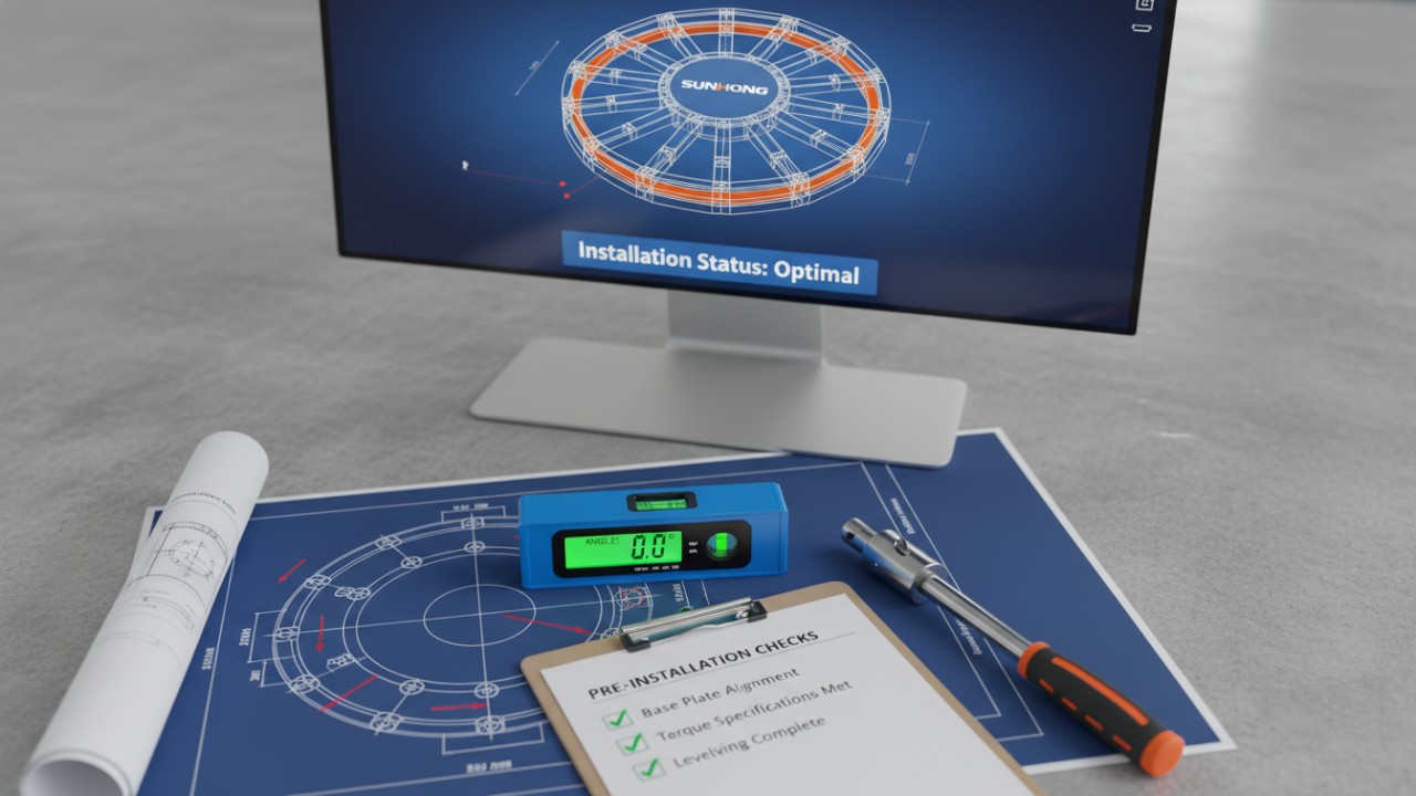 A professional engineering workspace illustration with a checklist and a computer screen displaying the SUNHONG brand name and ride installation data