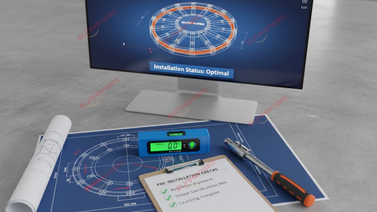 A professional engineering workspace illustration with a checklist and a computer screen displaying the SUNHONG brand name and ride installation data