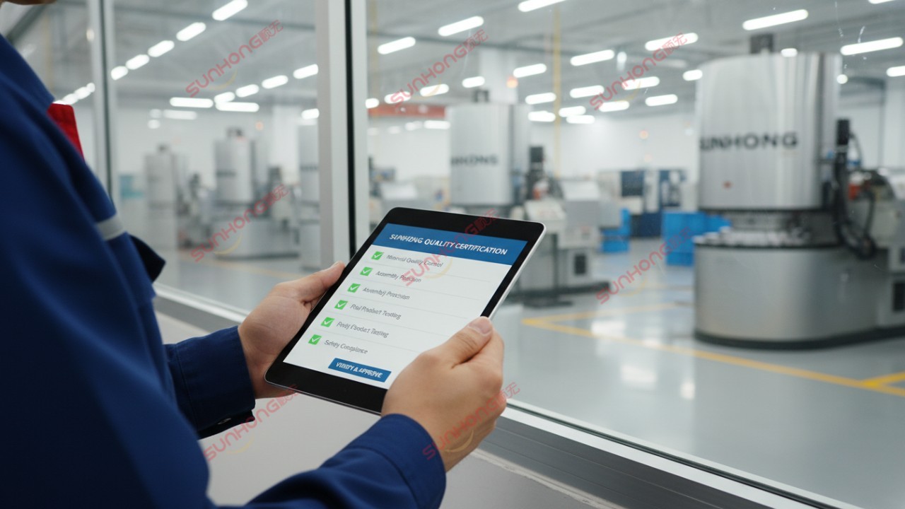 A professional quality assurance check in a factory setting with SUNHONG branding visible on heavy machinery.