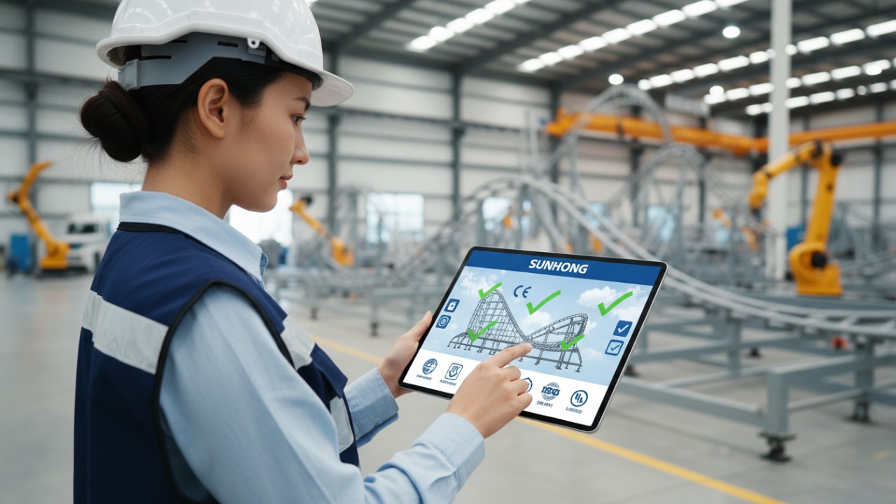 A professional setting showing an engineer reviewing safety certifications on a tablet branded with SUNHONG in a modern factory.