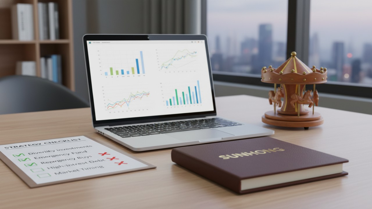 A professional workspace illustration featuring a ride financing checklist and a SUNHONG branded notebook.