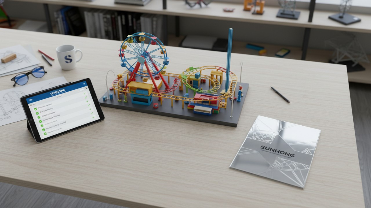 A professional workspace with ride models and safety checklists featuring a SUNHONG brochure to illustrate expert sourcing strategies.