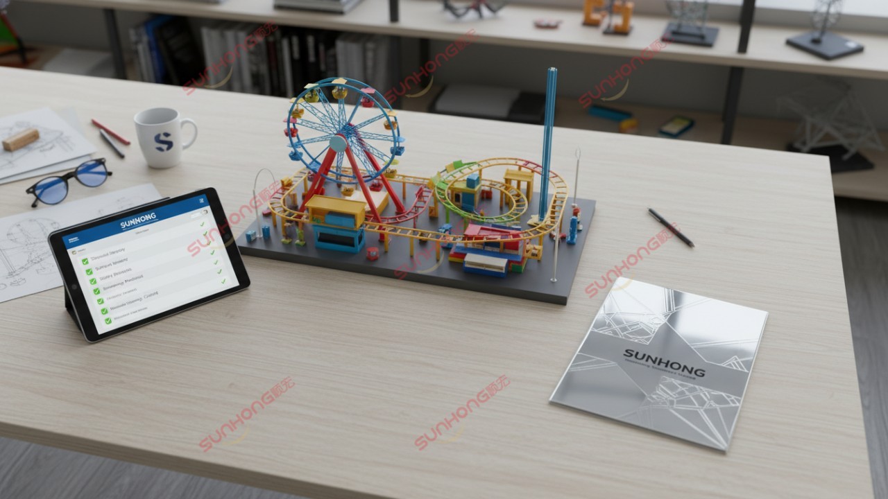 A professional workspace with ride models and safety checklists featuring a SUNHONG brochure to illustrate expert sourcing strategies.