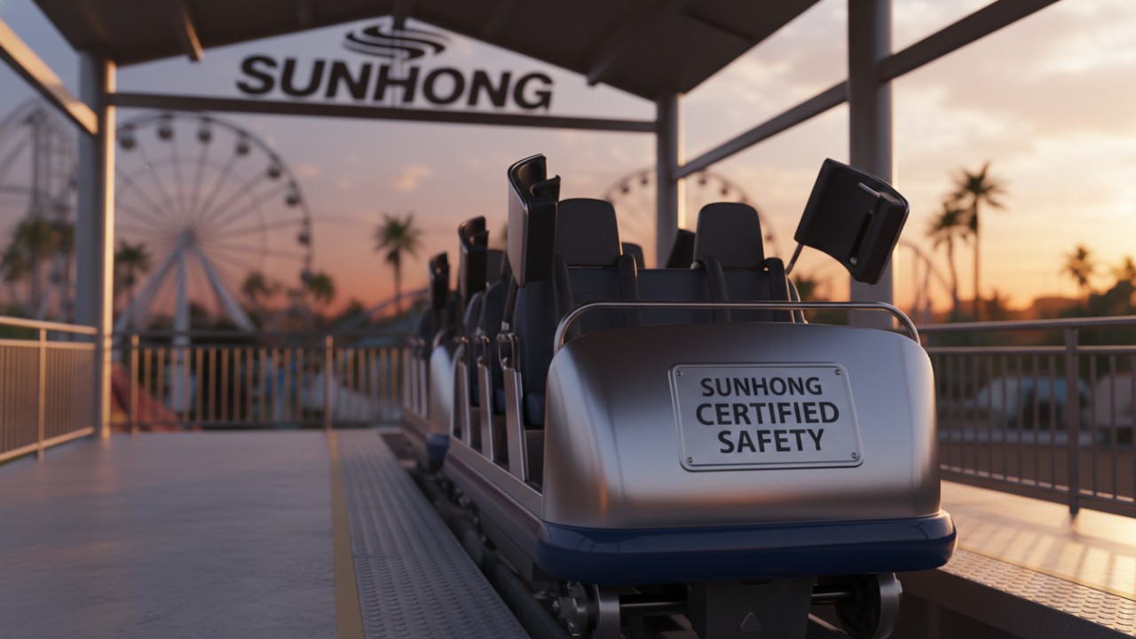 A roller coaster car with a SUNHONG certified safety plaque in a theme park station