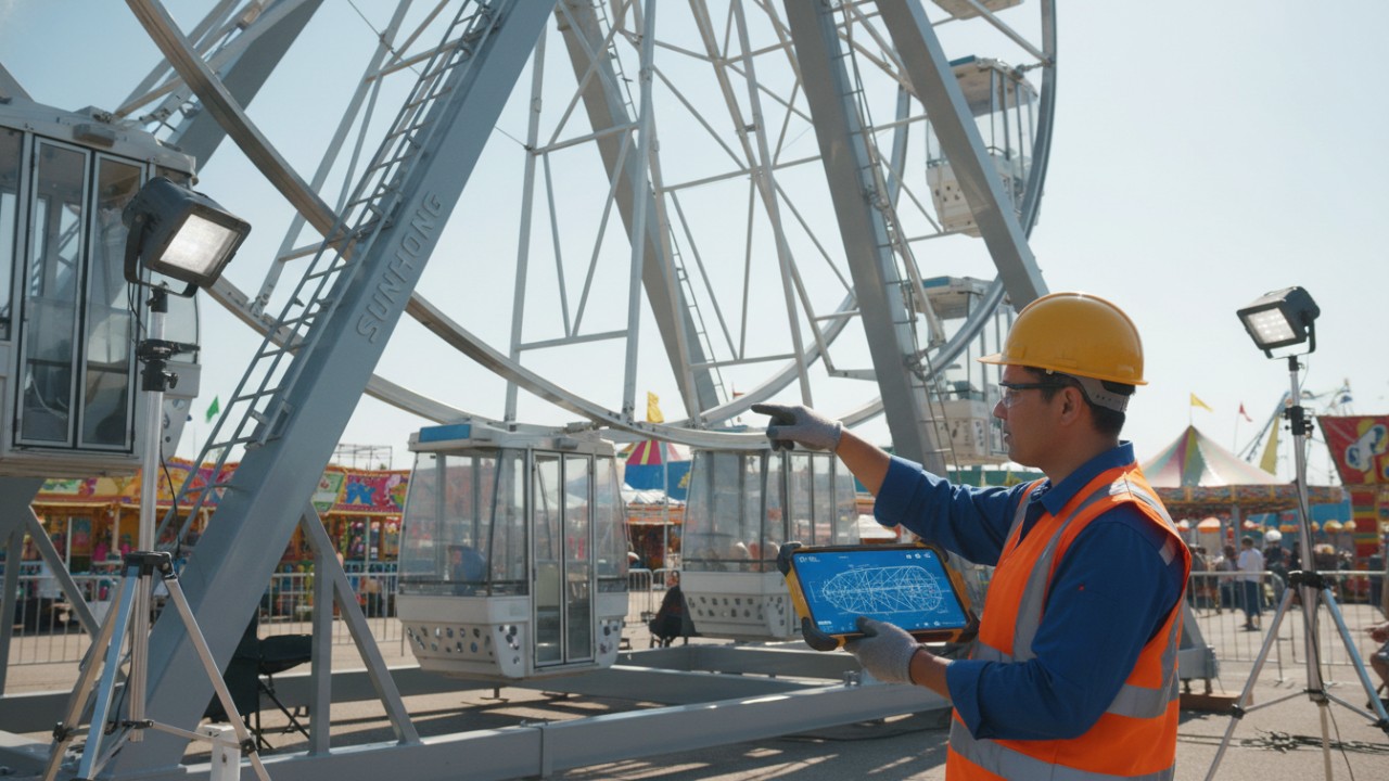 A safety engineer inspecting a portable amusement ride with the brand name SUNHONG engraved on the structure.