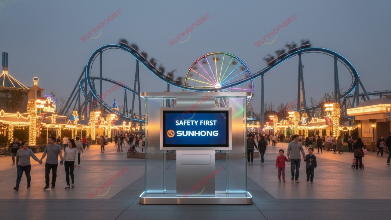 A scenic view of a modern theme park at sunset with the SUNHONG brand name on a prominent park sign.