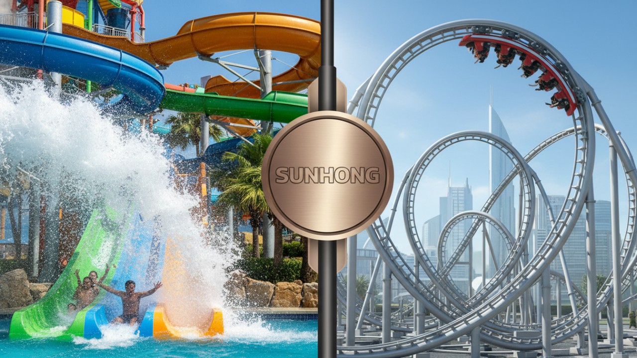 A split screen showing a colorful water slide and a mechanical roller coaster with a central SUNHONG brand sign.