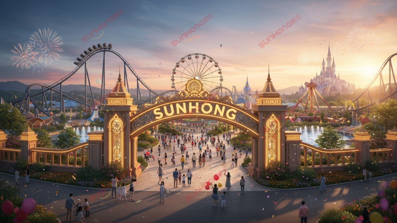 A successful amusement park at sunset with the SUNHONG brand name displayed on the main entrance arch.