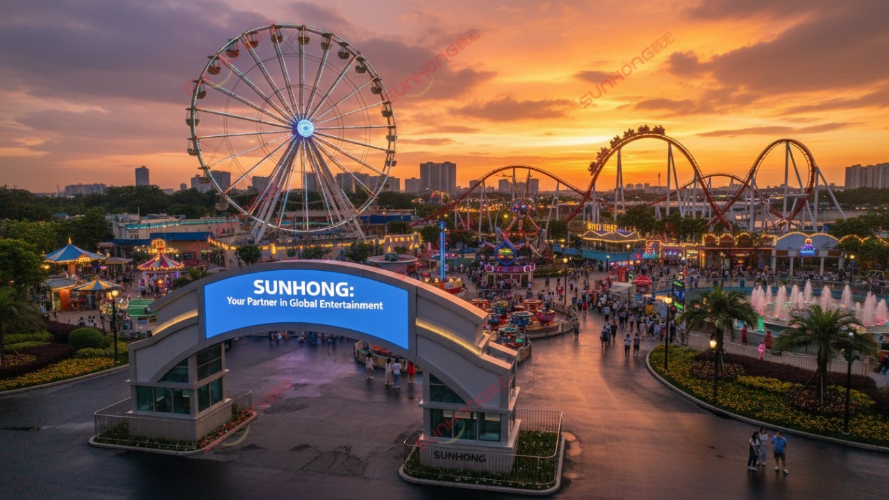 A successful theme park at sunset with a digital sign displaying the SUNHONG brand name.