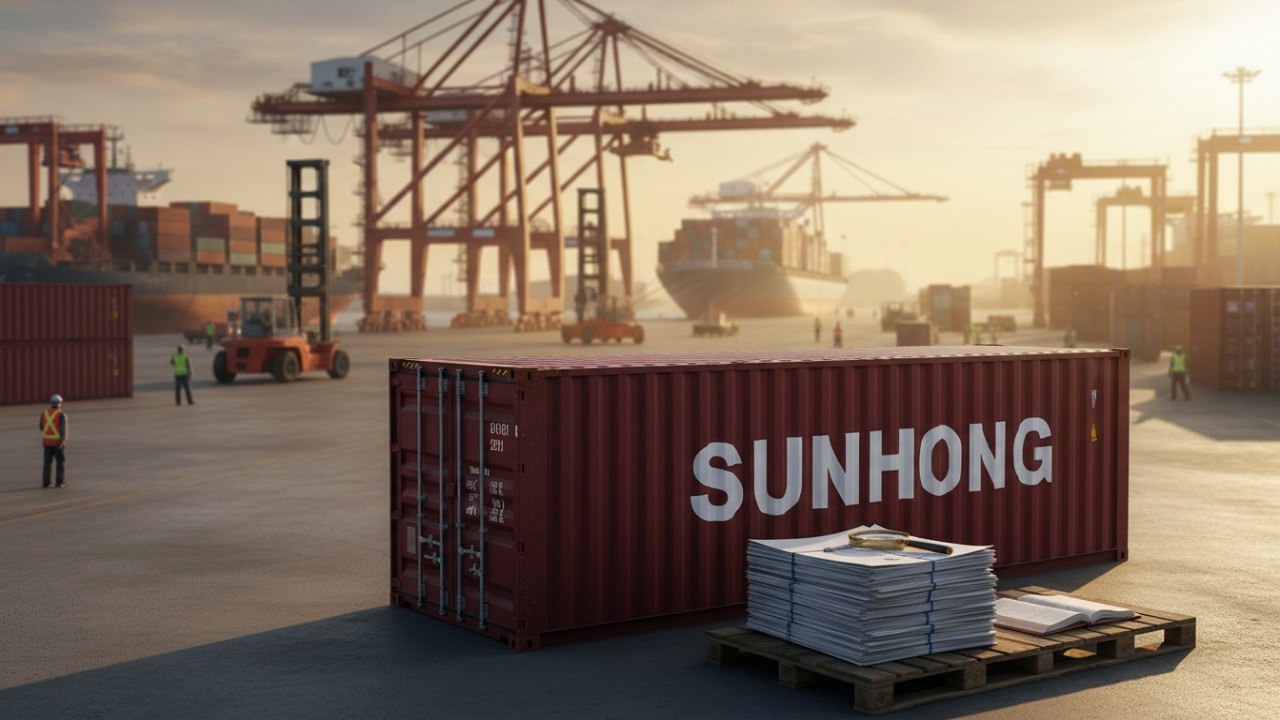 A SUNHONG shipping container at a port next to inspection documents and a magnifying glass.