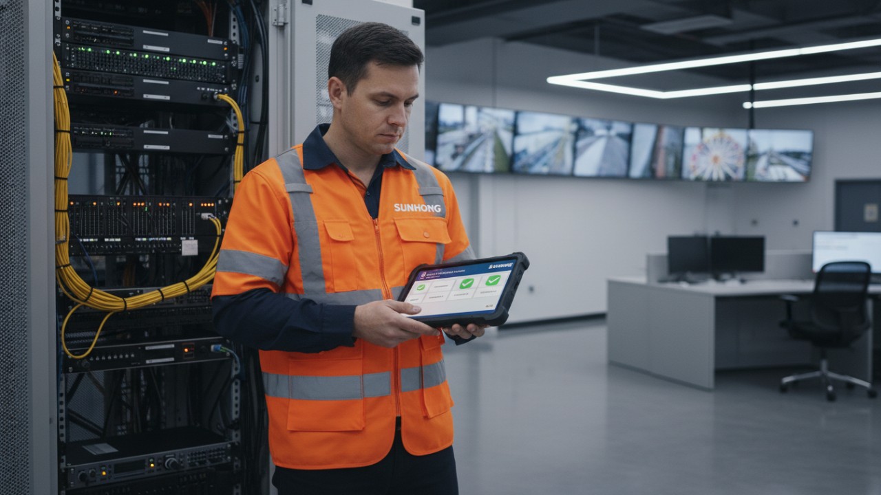 A technician checking a safety compliance dashboard on a tablet branded with SUNHONG in a ride control room.