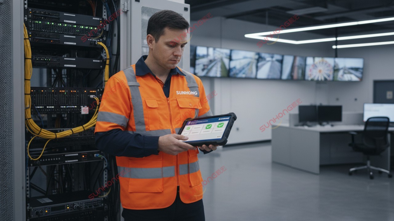 A technician checking a safety compliance dashboard on a tablet branded with SUNHONG in a ride control room.