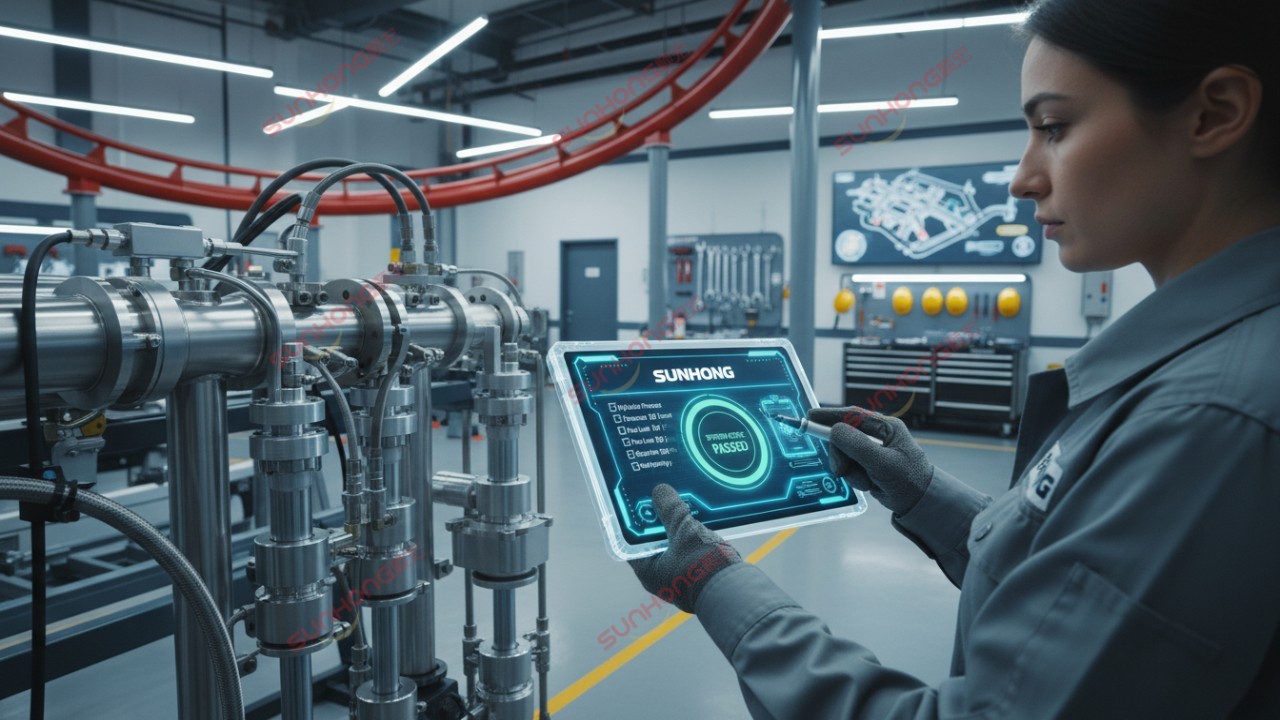 A technician using a digital tablet with the SUNHONG logo to perform maintenance on a roller coaster's hydraulic systems.