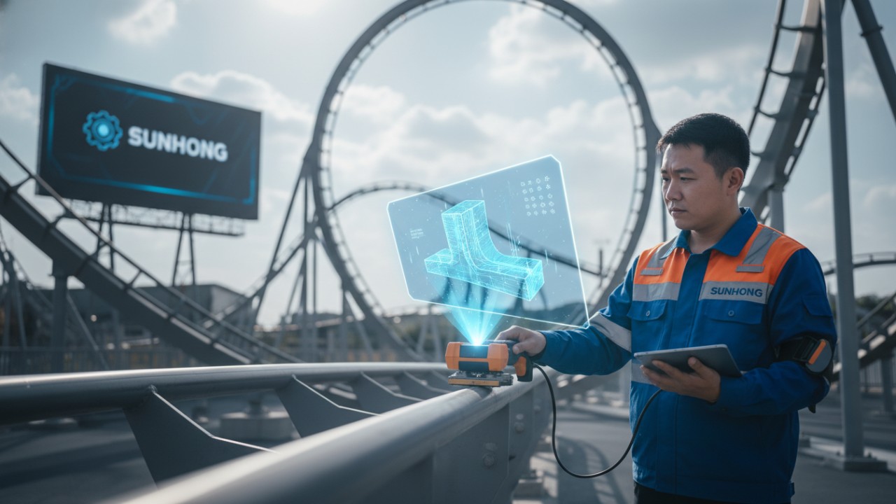 A technician using a PAUT device to inspect a roller coaster track with a SUNHONG logo on their vest