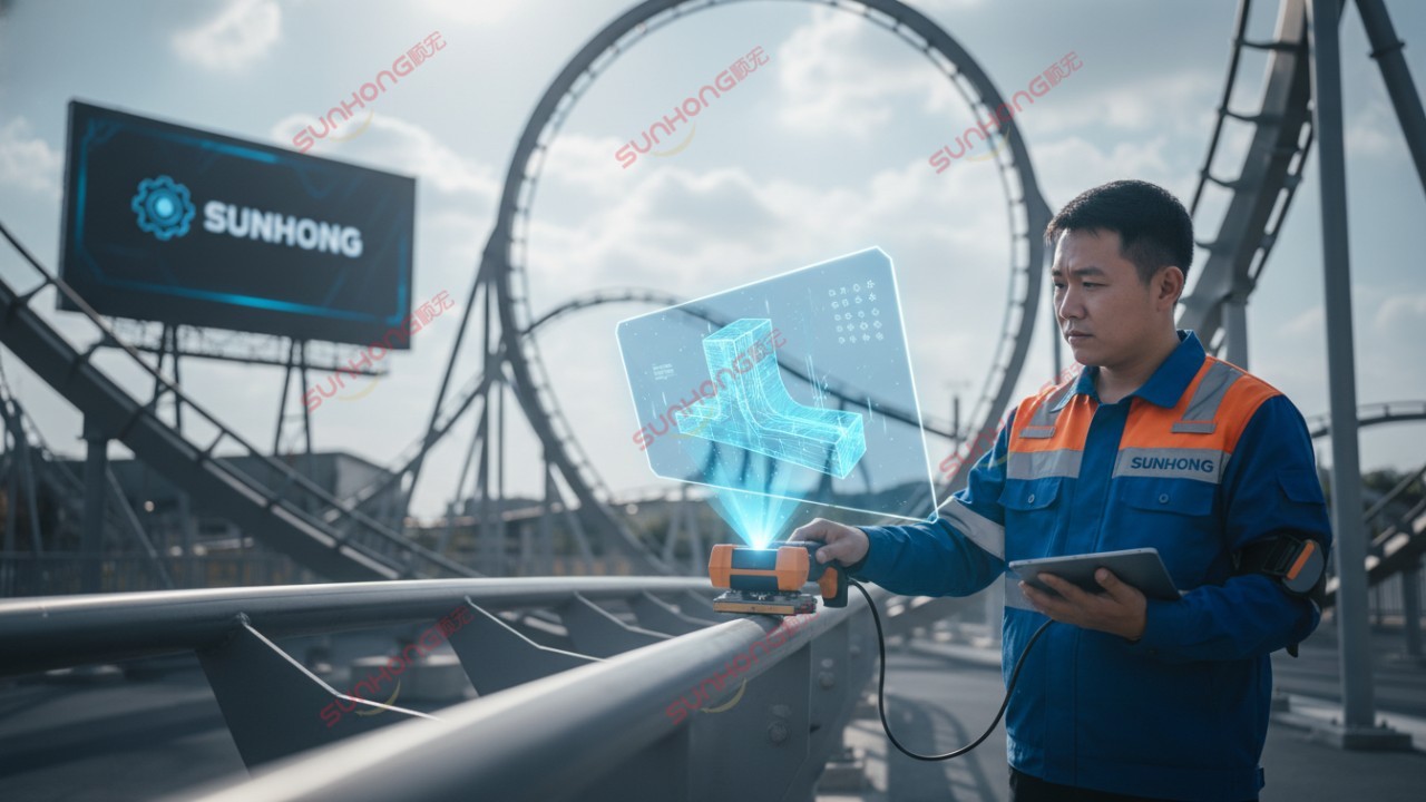 A technician using a PAUT device to inspect a roller coaster track with a SUNHONG logo on their vest