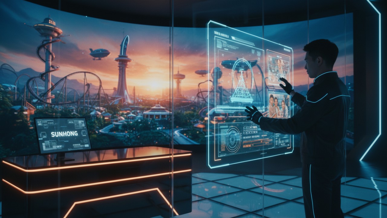 A theme park control room in 2026 with holographic displays and the SUNHONG name on a computer monitor.