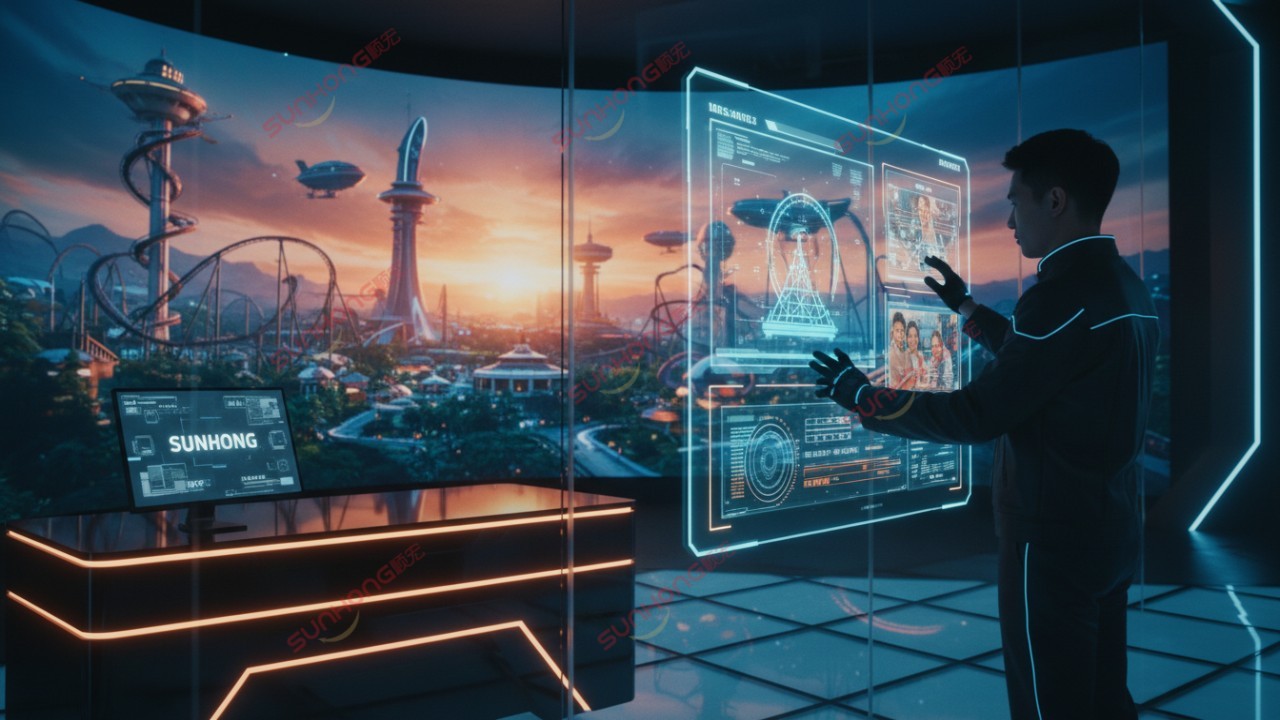 A theme park control room in 2026 with holographic displays and the SUNHONG name on a computer monitor.