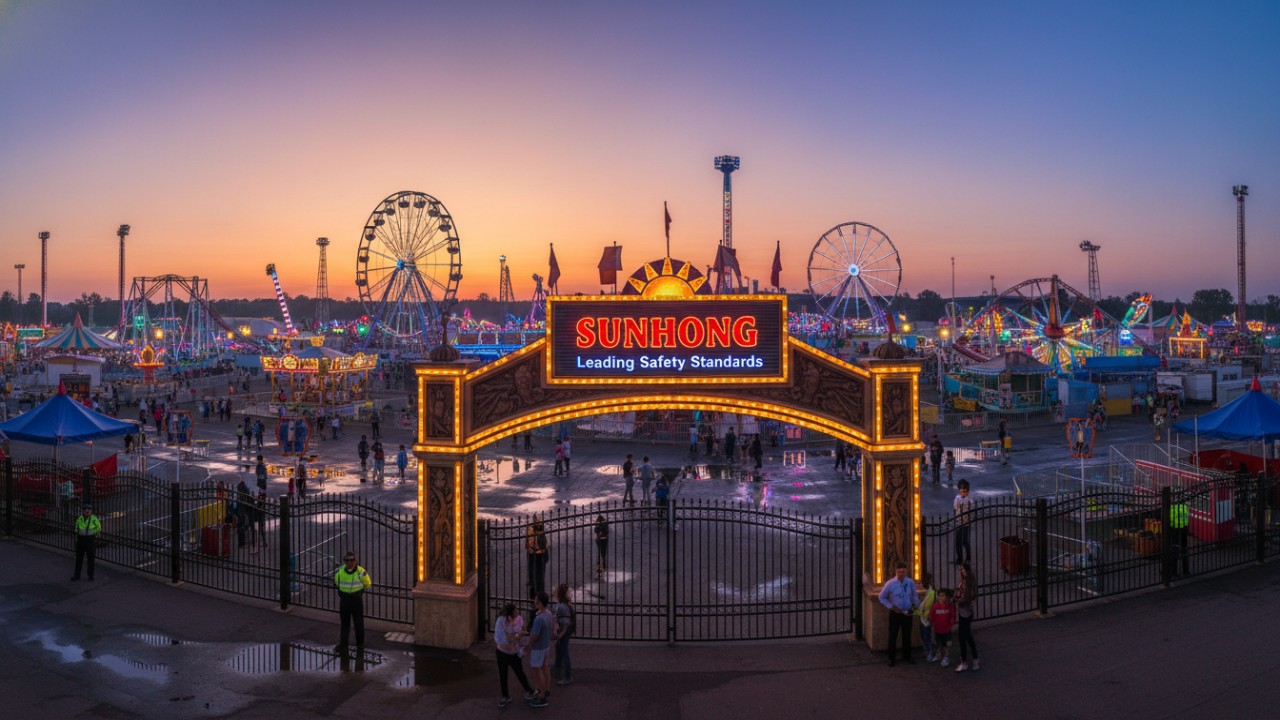 A vibrant evening carnival scene with a prominent entrance sign displaying the brand name SUNHONG.