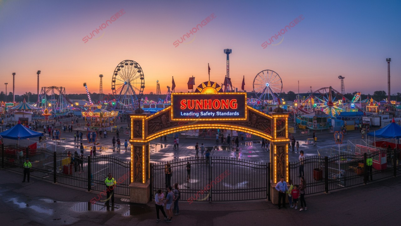 A vibrant evening carnival scene with a prominent entrance sign displaying the brand name SUNHONG.