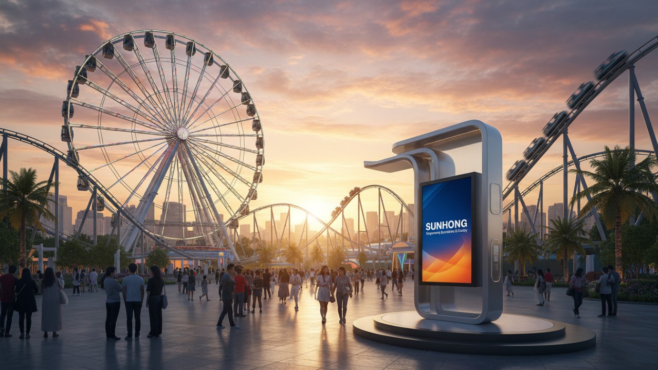 A vibrant sunset view of a safe and successful amusement park featuring a SUNHONG brand monument in the foreground.