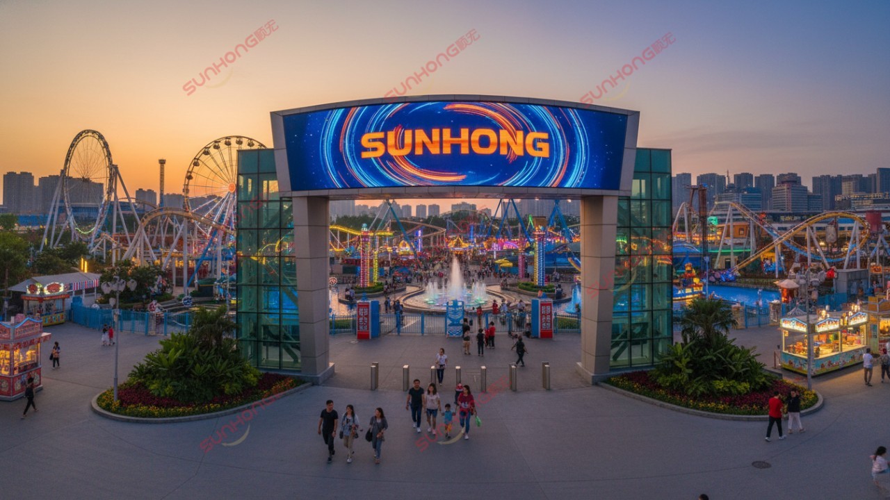A vibrant sunset view of a theme park with a large SUNHONG logo displayed on a digital screen at the entrance.
