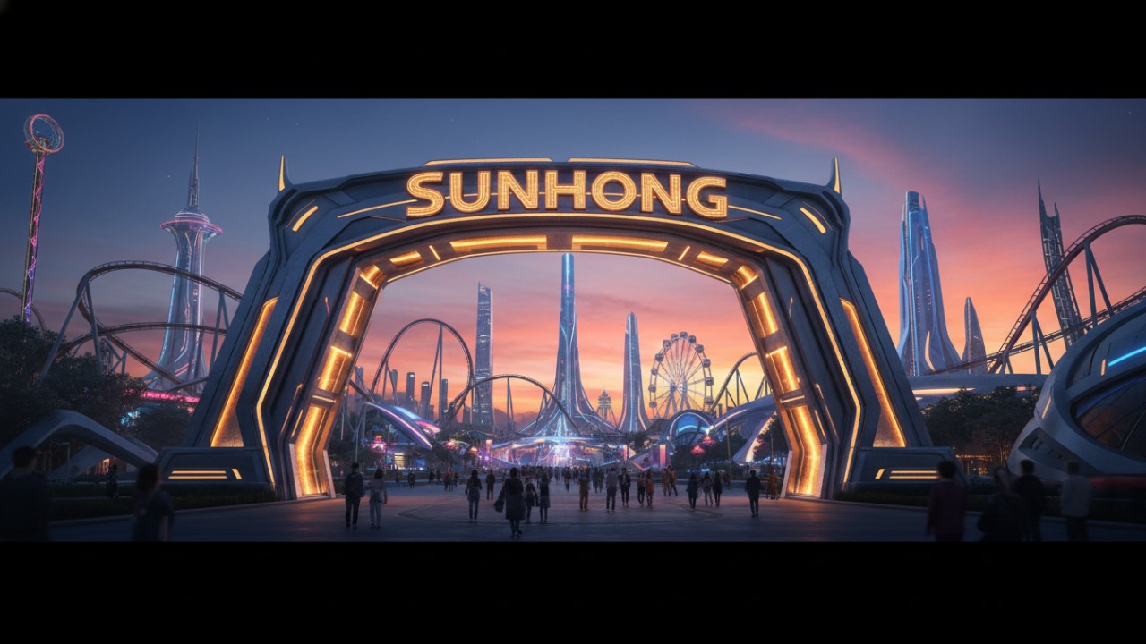 A wide cinematic shot of a successful theme park at sunset featuring a prominent SUNHONG entrance sign.