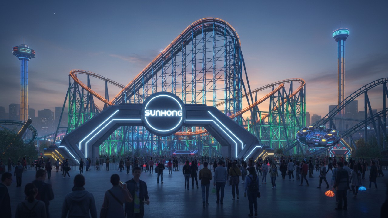 A wide shot of a modern theme park at night featuring a glowing roller coaster and a SUNHONG sign on the entrance.