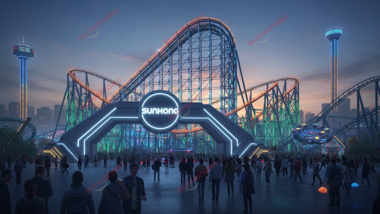 A wide shot of a modern theme park at night featuring a glowing roller coaster and a SUNHONG sign on the entrance.