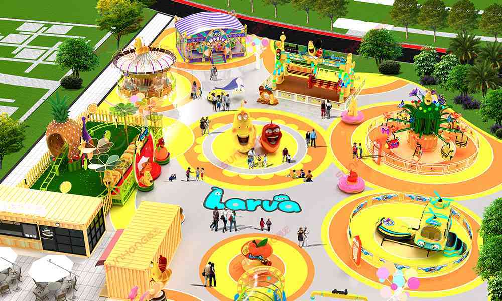 Desenhos de design de parques temáticos de diversões - Larva IP Desenho 3D de parque de diversões com tema de larva, praça ao ar livre com brinquedos e personagens