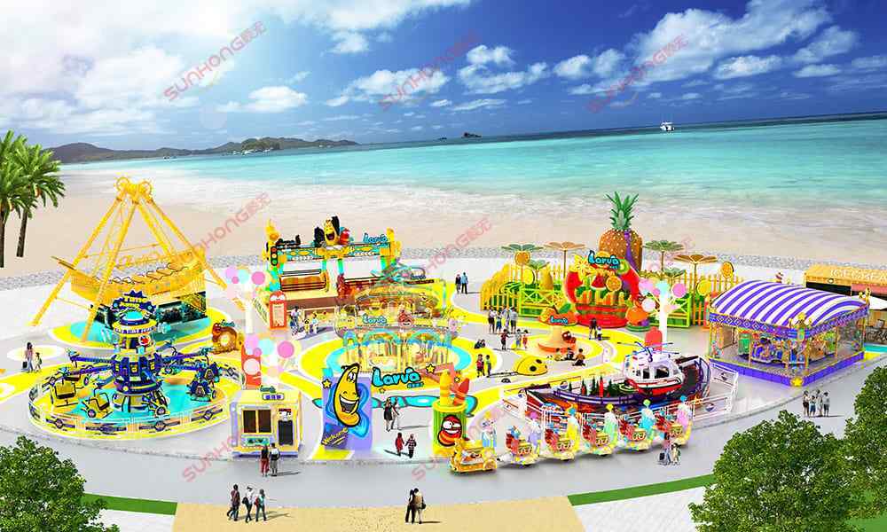 Desenhos de design 3D para atividades de parque de diversões e carnaval Desenho 3D de parque de diversões à beira-mar com brinquedos temáticos de larvas à beira-mar