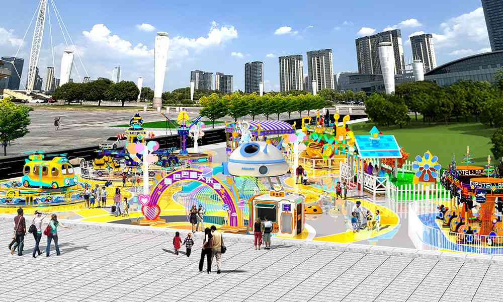 Amusement park 3D drawing in city plaza with Larva rides and skyline backdrop - SUNHONG