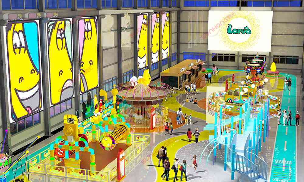 Amusement Park Design-Indoor Game Centers Design Drawings Indoor amusement park 3D design with Larva character displays and themed attractions