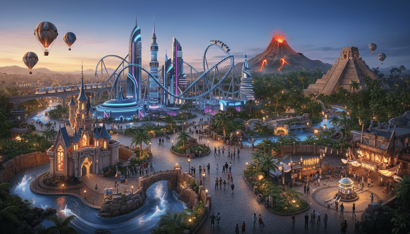 Fantasy theme park with castle, futuristic buildings, volcano, and Mayan pyramid at dusk.