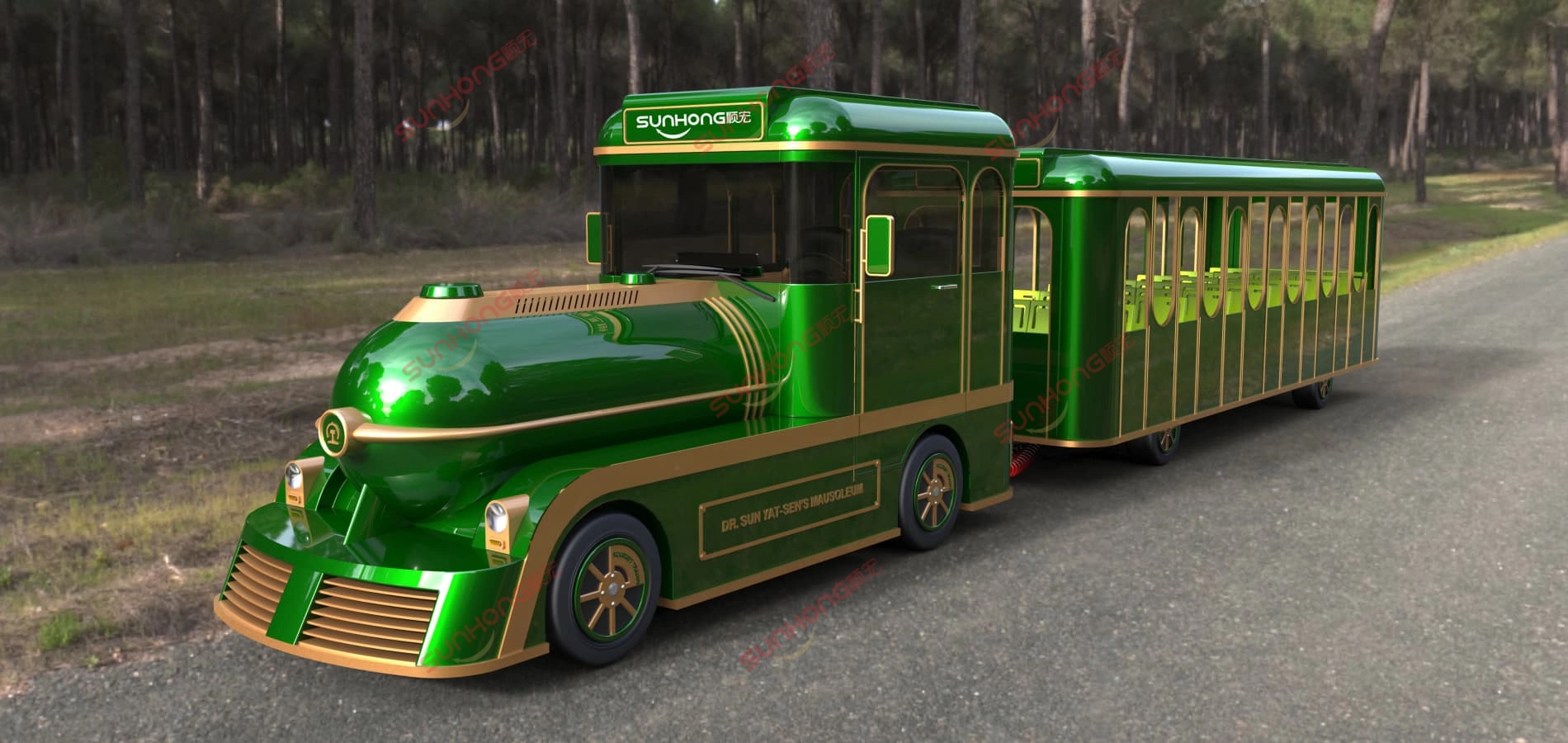 parque de diversões-trem-verde-vista-frontal-floresta - SUNHONG Vista frontal de um passeio de trem verde e dourado em um parque de diversões com design retrô, situado em um caminho na floresta - SUNHONG