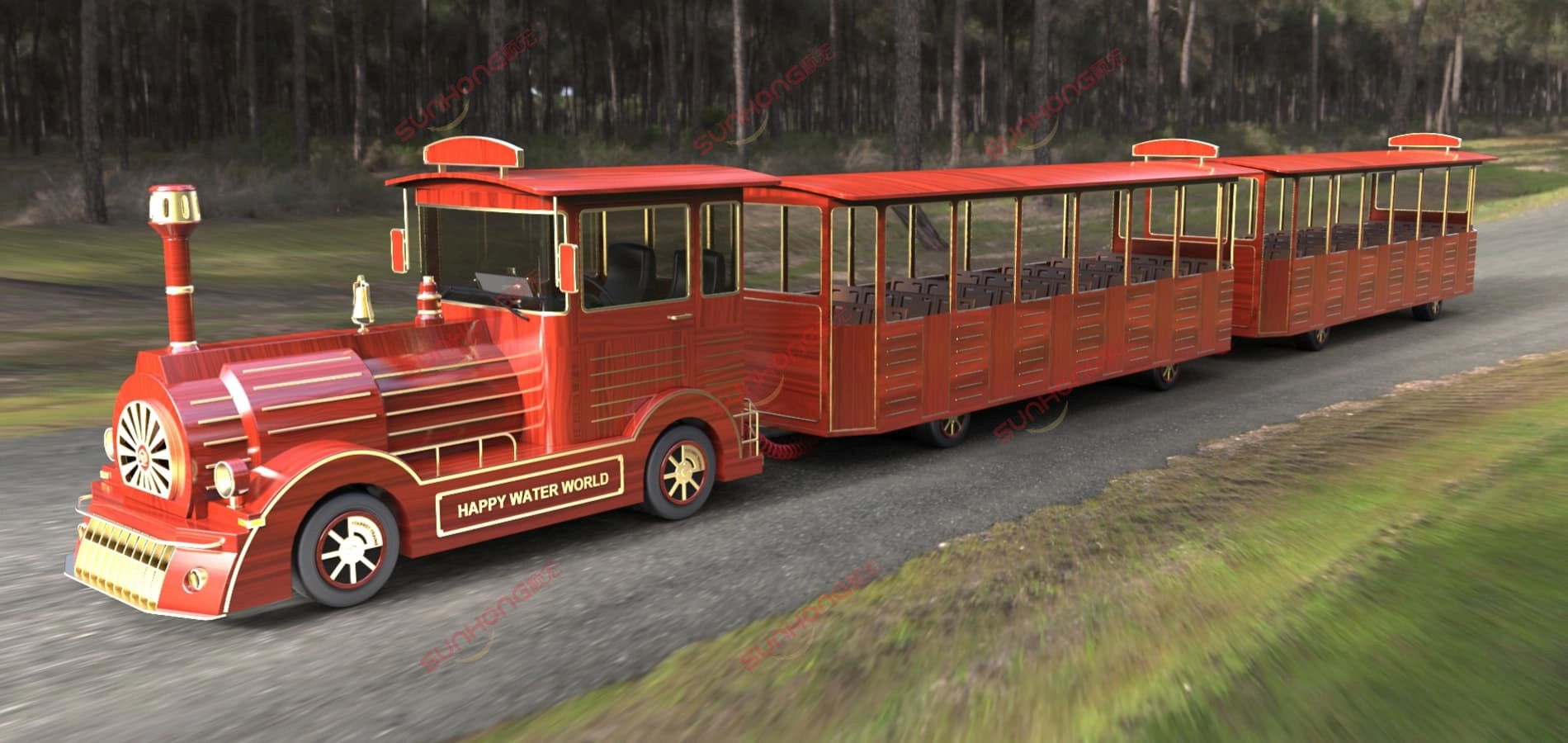 parque de diversões-passeio de trem-vermelho-dourado-madeira-grão - SUNHONG Passeio de trem em parque de diversões vermelho e dourado com textura de madeira, usado para passeios panorâmicos em parques e resorts - SUNHONG