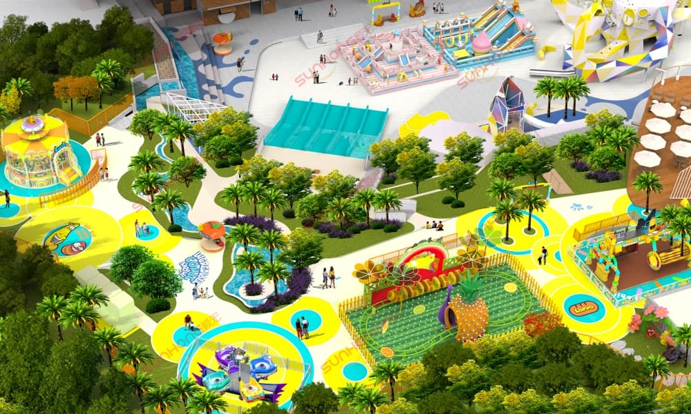 Parques de diversão - Parque temático Larva Projeto 3D de um parque de diversões e parque temático com tema Larva, com brinquedos coloridos, playgrounds e atrações interativas.