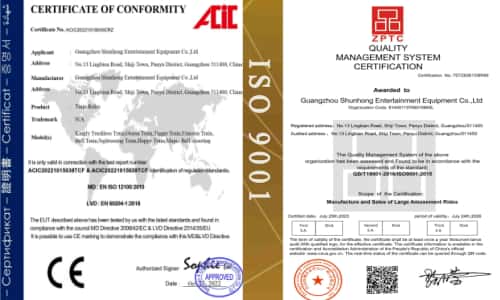 A SUNHONG possui certificações de fabricante de brinquedos para parques de diversões, incluindo CE e ISO 9001. - SUNHONG