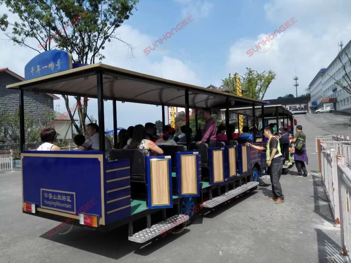passeios de trem de diversão à venda cabine aberta turismo - SUNHONG Passeio de trem turístico com cabine aberta para passageiros, passeios de trem temáticos para parques de diversão e resorts - SUNHONG